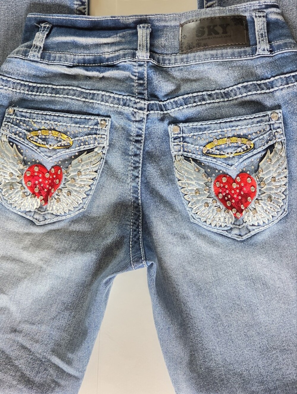 Sky Y2K Bling Angel Wing Heart Streetware Flares 9/10 Denim Western Boho Jeans